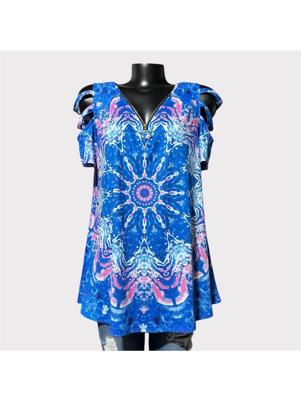5/$25 ⭐️ Cold Shoulder Mandala Tie-Dye Top Plus Size 1XL Blue Pink White Hippie